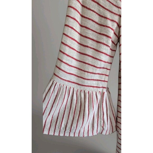 J. Jill Linen Knit Sweater Women's PXL Tan Red Striped  Flounce Sleeve Tunic - Picture 3 of 7